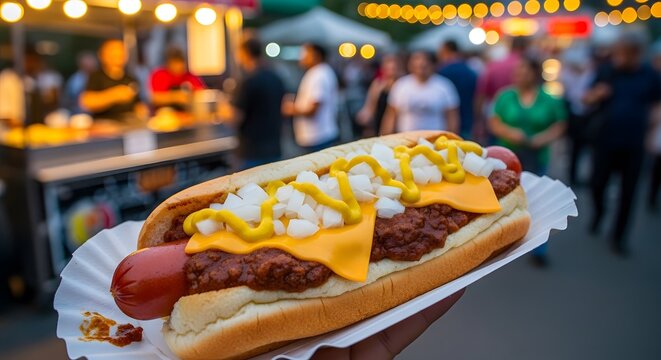 Enjoy a delicious chili cheese dog with onions and mustard at a vibrant outdoor food festival with friends and family on a warm summer evening - Powered by Adobe
