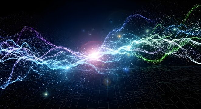 Vibrant digital signal waves flowing in multiple colors, representing data transmission, artificial intelligence processing, and advanced communication systems.