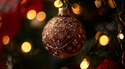 A detailed view of a red and gold christmas ornament hanging on a christmas tree branch