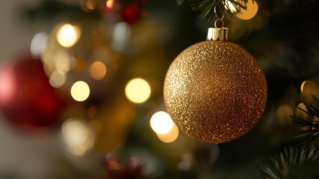 A close up of a christmas tree with a gold ornament and blurred lights in the background - Powered by Adobe
