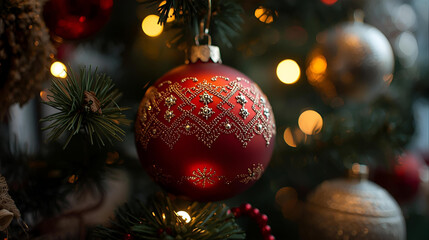 A close up of a christmas tree with red and gold ornaments and blurred background lights