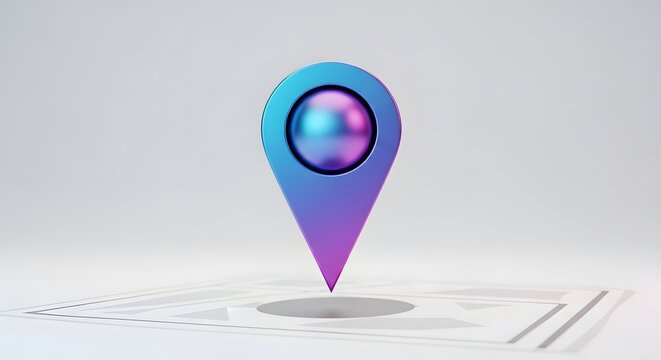 Stylized location pin on map with holographic gradient and 3d rendering