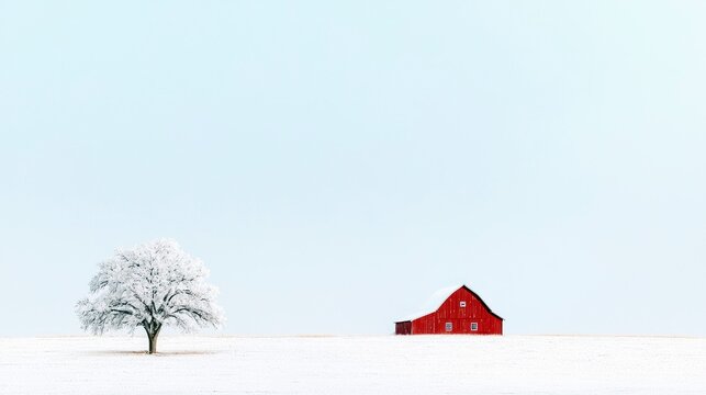 A solitary red barn and a snow-covered tree stand in a vast, white winter landscape with a clear, pale blue sky. - Powered by Adobe