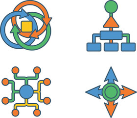 Colorful abstract flowcharts and network icons depicting connections processes and data flow on transparent background