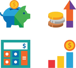 Obraz premium Colorful financial icons including a piggy bank coin calculator and upward trend on transparent background