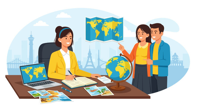 Expert travel agent assists a happy couple in whisking up their dream vacation plans, offering personalized consultation for memorable international trips