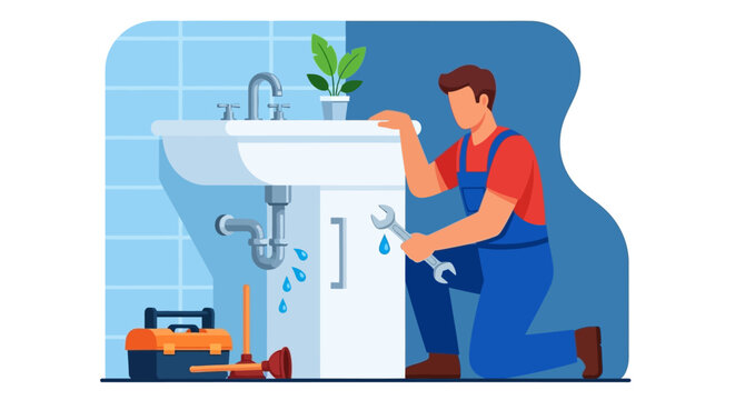 Professional Plumber Fixing Leaky Sink Pipe with Wrench in Modern Bathroom, Illustrating Expert Plumbing Repair and Home Maintenance Service