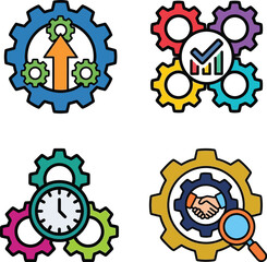 Colorful gear icons representing progress time quality and partnership on transparent background high quality