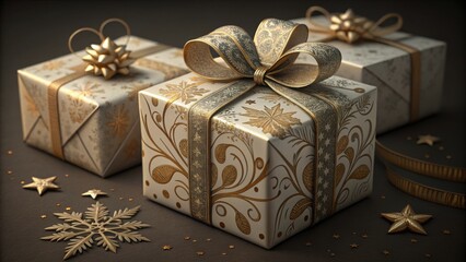 Elegantly wrapped gifts with golden ribbons and decorative stars for a festive holiday celebration