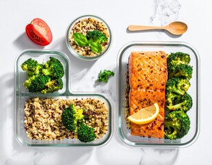 Healthy Meal Prep in Glass Containers with Grilled Salmon, Quinoa, and Roasted Broccoli on White Marble