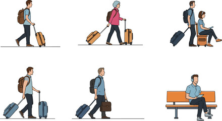 Illustrated travelers walking with rolling suitcases and waiting in airport terminal, modern people carrying luggage, sitting, reading, and preparing for travel