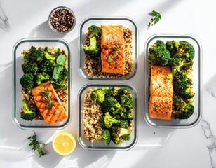 Healthy Meal Prep in Glass Containers with Grilled Salmon, Quinoa, and Roasted Broccoli on White Marble