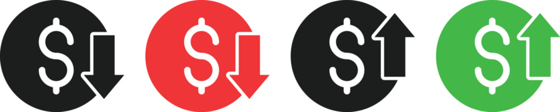 Dollar Increase and Decrease Icon Set. Financial Metrics and Market Trend Symbols. Profit/Loss Reporting Symbol Collection. Money Growth and Financial Loss Arrow Icons collection