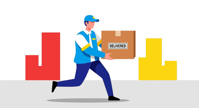 Courier delivering package, fast delivery service, shipping box, urgent parcel, and express mail delivery