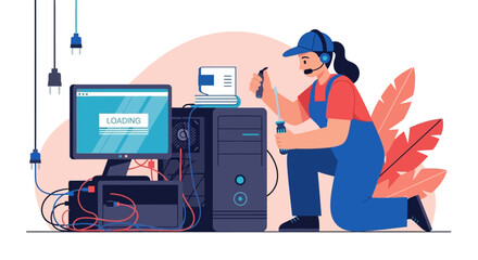 A skilled female technician in overalls provides professional technical support while repairing a complex desktop computer system with open hardware