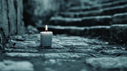 A solitary lit candle stands on a cobblestone path leading up stone steps. The scene is rendered in a moody, desaturated blue tone, creating a somber and atmosp