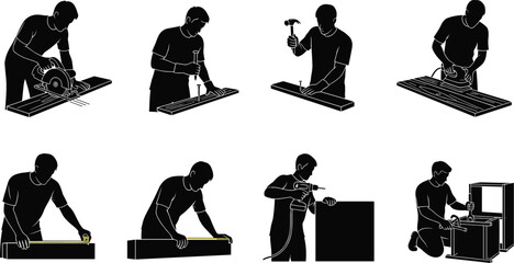 Woodworker performing multiple carpentry tasks including cutting, drilling, hammering, measuring, sanding, and assembling furniture in detailed black silhouette illustration set