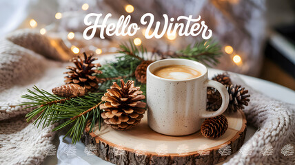 A cozy winter scene with coffee, pine cones, and a warm blanket with hello winter text overlay