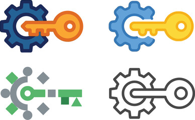 Colorful gear and key icons in various styles including outlined and filled versions on transparent background