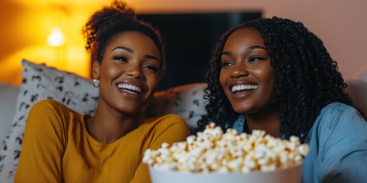 Two cheerful female friends watching a tv film at home. Two black women eating popcorn with happy expressions on their faces. Having a movie night. - Powered by Adobe