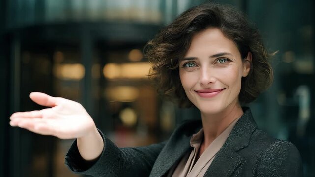 female financial advisor on the left side of picture, she is handsome brunette about 45 years old, elegantly dressed in a women's suit, stands in front of the entrance to the office and invites you