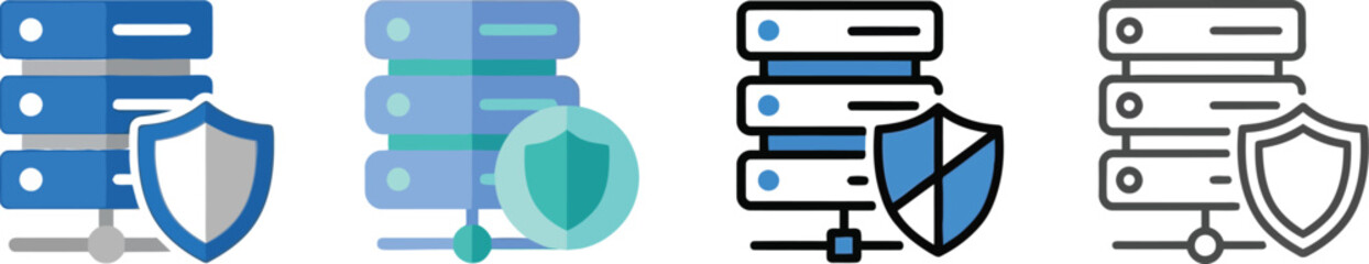 Four server icons with security shields showing color and grayscale variations on transparent background