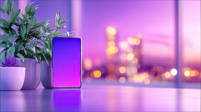 A modern smartphone with a purple and blue gradient screen stands on a reflective surface next to two potted plants. In the background, a blurred city skyline w