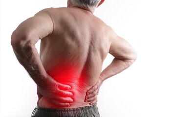 Elderly man experiencing back pain while standing in a bright room during daytime, highlighting discomfort and health concerns associated with aging