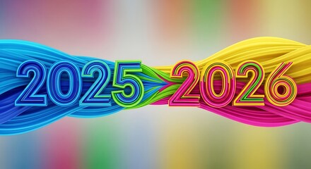 Vibrant abstract representation of the transition from the year 2025 to 2026 with colorful flowing lines