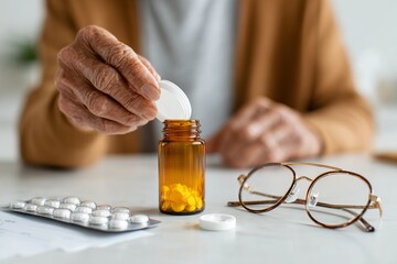 An elderly individual is taking the time to carefully organize their medications at home, ensuring they maintain a healthy daily routine