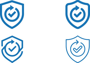 Two blue shield icons with checkmarks and refresh arrows and their outline variations on transparent background