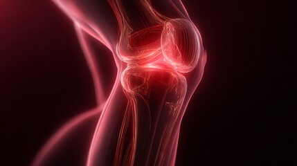 Explore the intricate details of a human knee joint illuminated with vibrant red hues, showcasing the internal structure and complexity of human anatomy