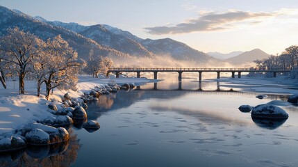 A serene winter landscape featuring snow-laden trees along the bank of a partially frozen river, with a long bridge spanning across it under a soft, misty sunri