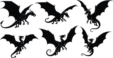 Collection of fierce flying dragon silhouettes with large wings, fantasy creature designs, mythical beasts, and powerful black illustrated monster shapes