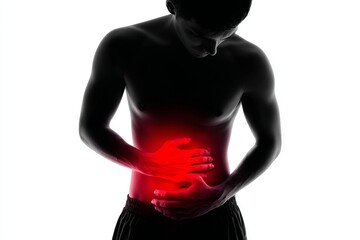 Silhouette of a man holding his stomach with a glowing red area, symbolizing pain or discomfort, set against a bright white background at night