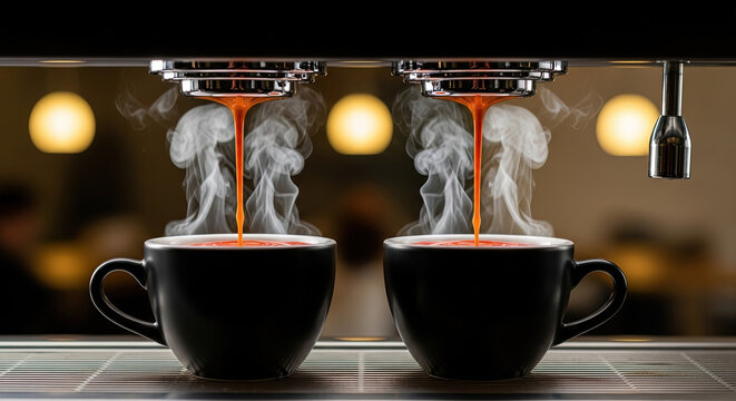 Professional espresso coffee machine simultaneously brewing two shots into twin black ceramic cups creating rich dark liquid streams and vibrant steaming vapor cafe setting