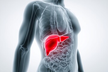 Illustration of human anatomy showcasing the liver in a vivid red hue against a translucent structure of the body, highlighting its importance and role in health