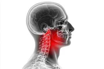 Understanding human anatomy through a detailed illustration of the skull, neck, and spine showcasing key structures and areas of potential pain