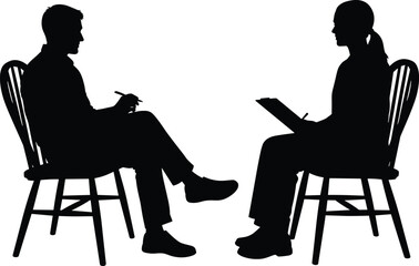 Two people silhouette sitting on chairs, job interview, counseling session, business meeting, man and woman talking, isolated on white background