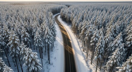 Naklejka premium Aerial view of a winding road cutting through a snow covered forest on a bright winter day