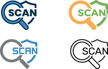 Four security scan logo variations with magnifying glasses and shields on transparent background