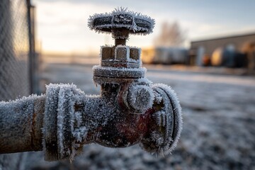 Frost covered valve glistens in the early morning light on a cold winter day in a quiet industrial area, showcasing natures artistry