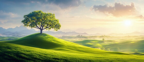 A majestic, solitary tree stands atop a lush green hill, bathed in the warm glow of a sunrise. Rolling hills and misty valleys stretch into the distance under a