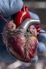 Detailed exploration of a heart specimen held in gloved hands showcases the intricate structures and textures, emphasizing the hearts complex design in a lab setting
