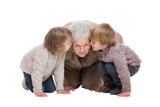 Elderly person hiding while grandchildren seek isolated on transparent background