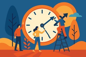 Team adjusting clock hands to manage time and deadlines