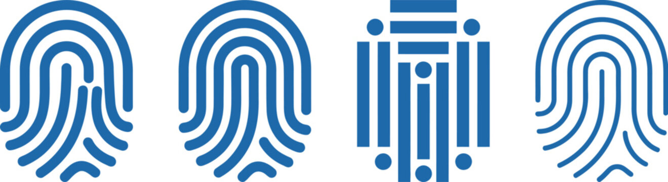 Four distinct blue fingerprint patterns are displayed showcasing unique biometric identifiers on transparent background