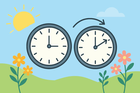 Daylight saving time change with clocks and sun illustration