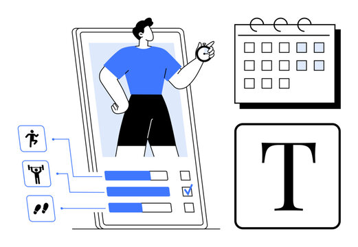 Mobile device with fitness stats, exercise icons, text alignment tool, and calendar for workout tracking. Ideal for fitness, organization, health, app design, planning technology simple flat