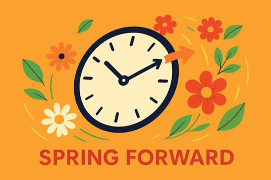 Spring forward clock with flowers and leaves illustration